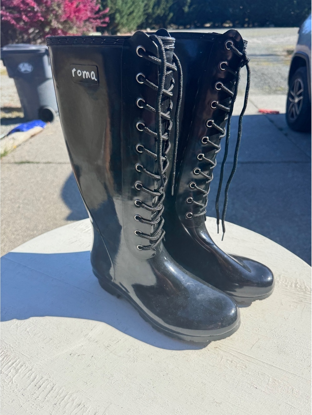 Roma Womens Tall Lace Up Rain Boots Black Rubber Glossy Size 40/41